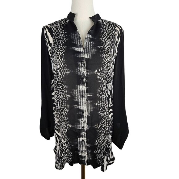 Alberto Makali NY Medium Blouse Button Up Animal Print B&W Designer - Picture 1 of 10
